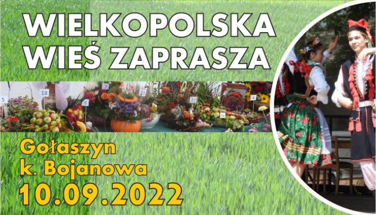 Grafika zapraszająca na wydarzenie "Wielkopolska Wieś Zaprasza". Jest na niej zdjęcie tancerza w ludowym stroju i data wydarzenia.