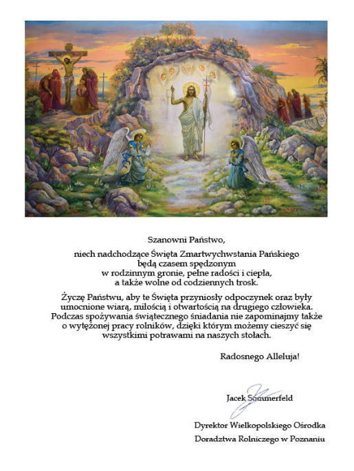 U góry zdjęcia widoczna jest grafika z Chrystusem zmartwychwstałym, do którego modlą się anioły. Pod grafiką są życzenia od Dyrektora WODR.