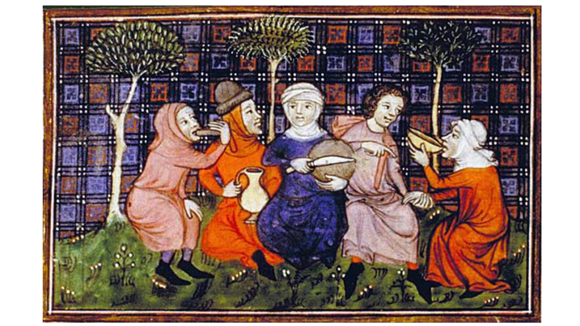 Ryc.1. Grupa chłopów dzieląca się jadłem i napitkiem; Livre du roi Modus et de la reine Ratio, XIV w.